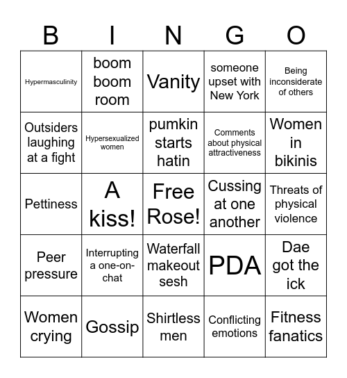 Reality Dating Bingo Card