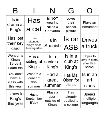 Senior Class Bingo Card