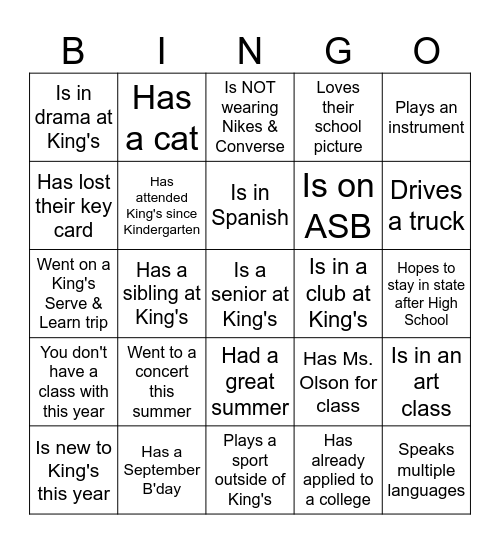 Senior Class Bingo Card