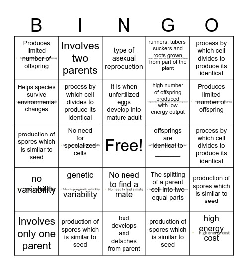 Asexual Reproduction Bingo Card