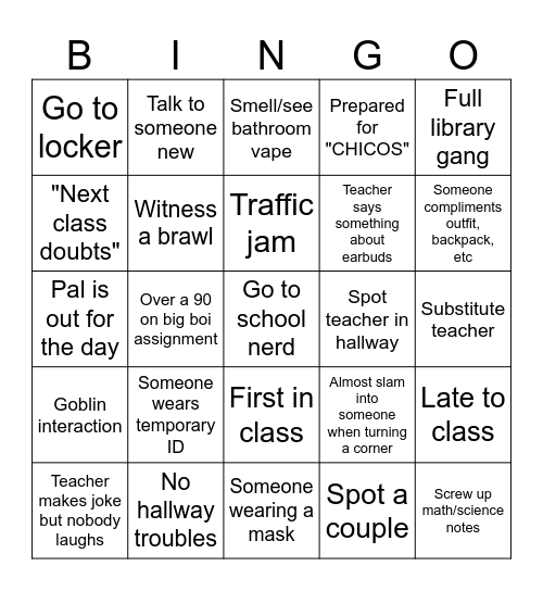 school bingo :00 Bingo Card