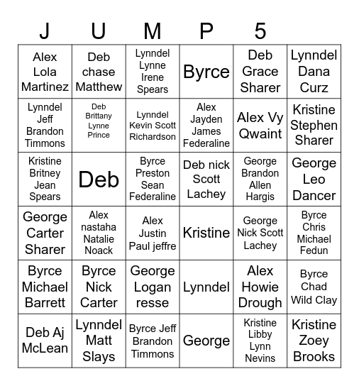 Jump5 Bingo Card