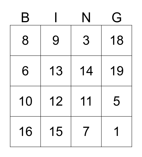 19 Bingo Card