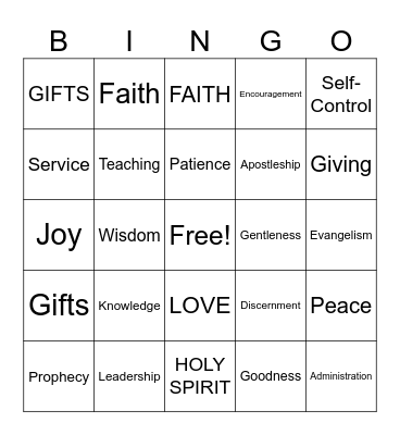 Fruits & Gifts of the Holy Spirit Bingo Card