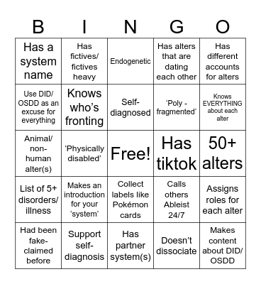 DID faker bingo Card