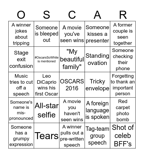 Oscars Bingo 2016 Bingo Card