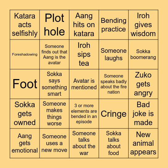 Avatar The Last Airbender Bingo Card