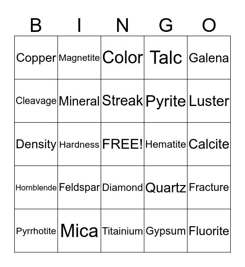 Section 2: Identifying Minerals Bingo Card