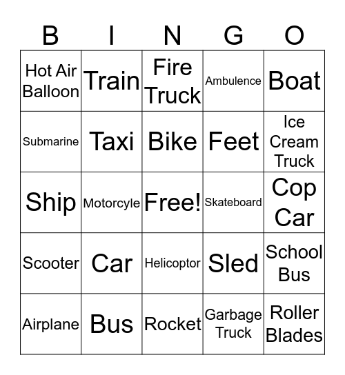 Transportation Bingo Card