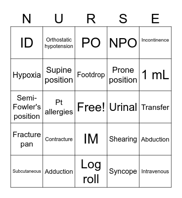 Fundamentals of Nursing Care CH 16 Bingo Card