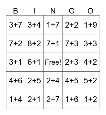 Addition Within 10 Bingo Card
