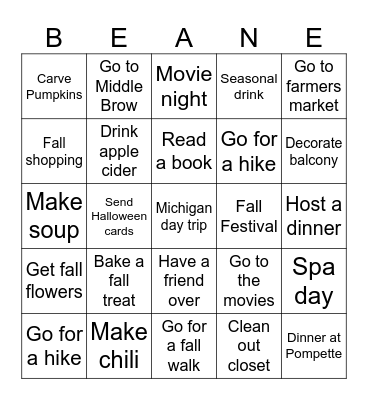 Fall Beango Bingo Card