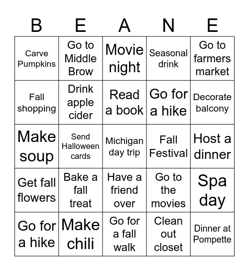 Fall Beango Bingo Card