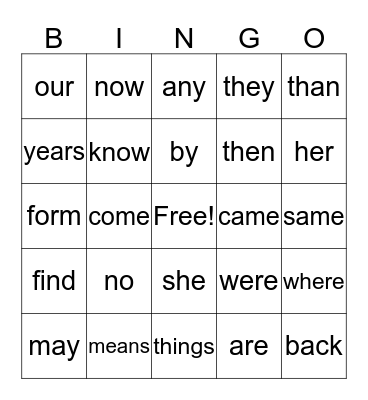 Sight Word Bingo Card