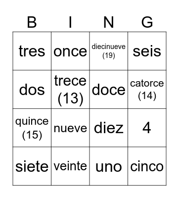 Los números 1-20 Bingo Card