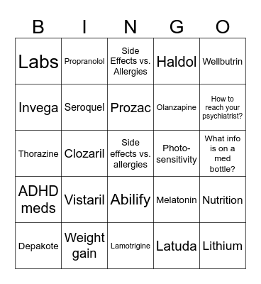 Psychiatric Medication Bingo Card