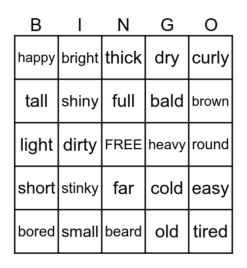 Bingo - Opposites Bingo Card