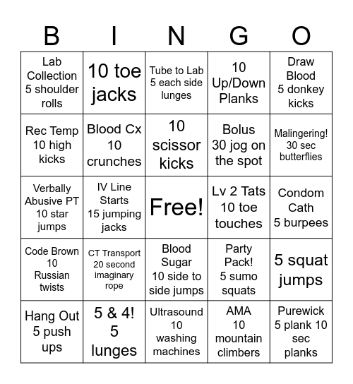 ED Pump Bingo Card