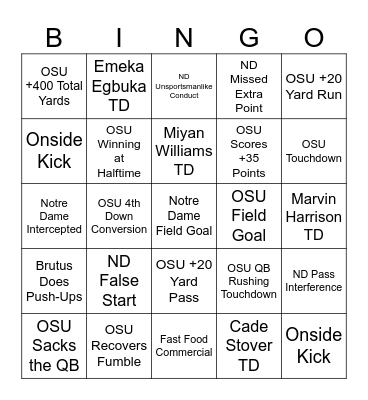 OSU vs ND Bingo Card