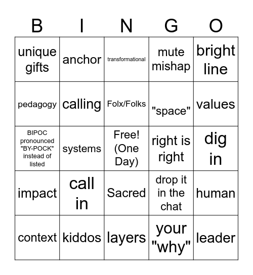 TFA Lingo Bingo Card