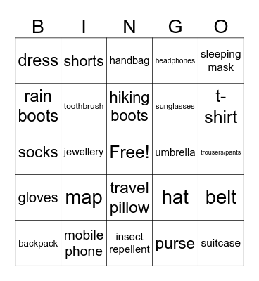 What do you bring on vacation? Bingo Card