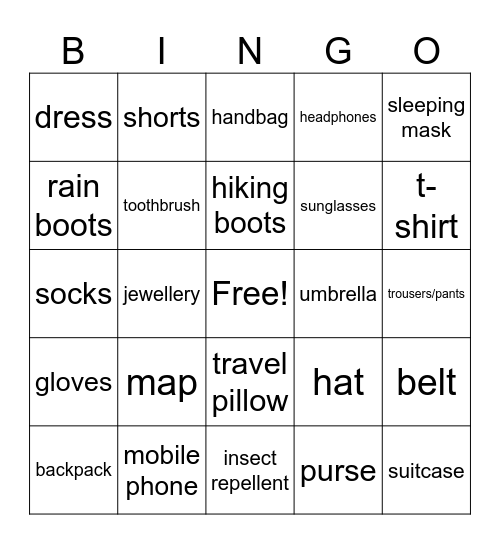 What do you bring on vacation? Bingo Card