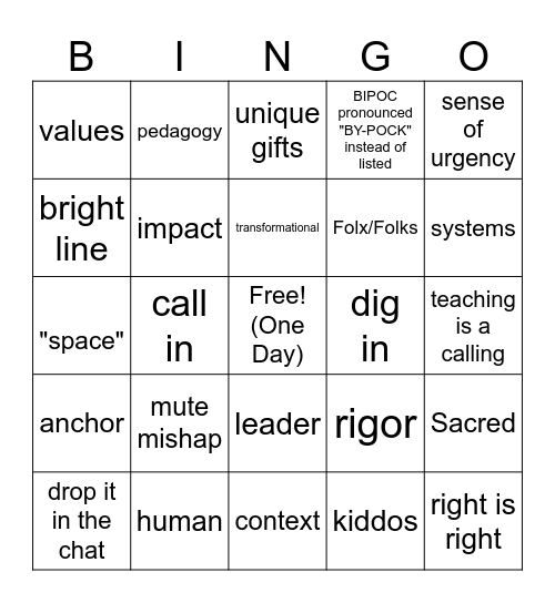 TFA Lingo Bingo Card