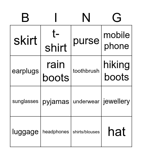 What do you bring on vacation? Bingo Card