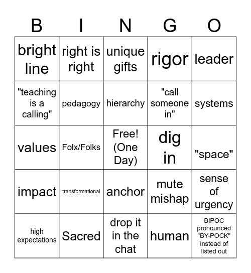 TFA Lingo Bingo Card