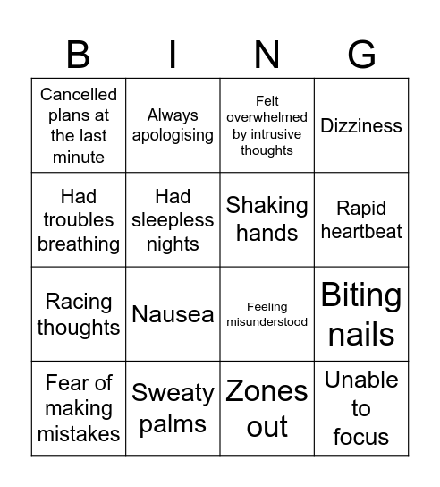 Anxiety bingo Card