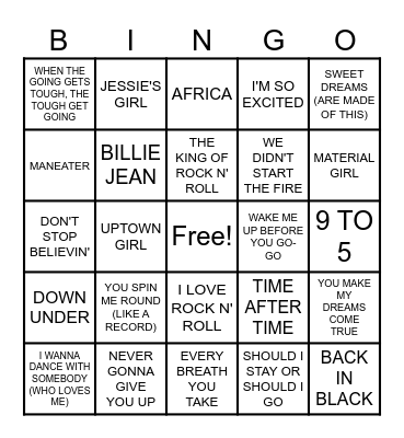 1980s SONGS Bingo Card