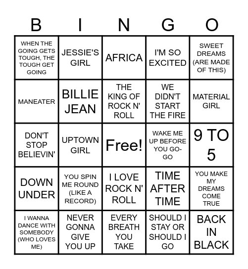1980s SONGS Bingo Card