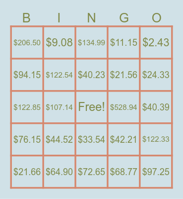 % of a Number (Tax, Tip, Discount) Bingo Card