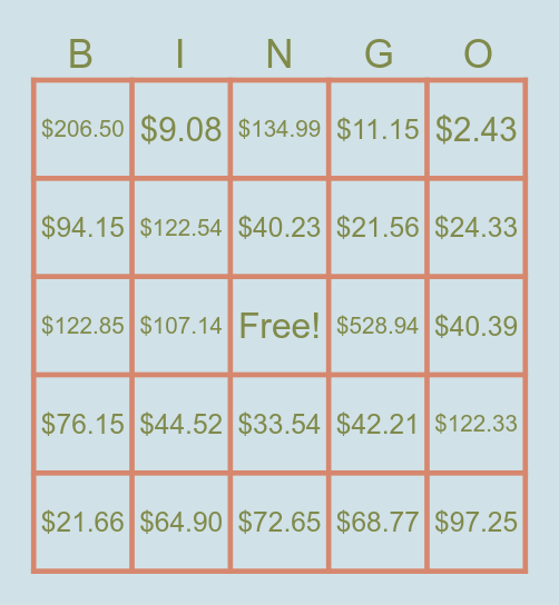% of a Number (Tax, Tip, Discount) Bingo Card