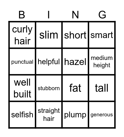 APPEARANCE AND PERSONALITY Bingo Card