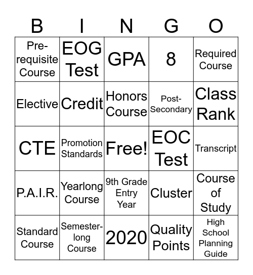 High School Terminology Bingo Card