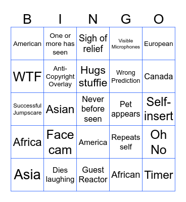 Reaction Bingo Card