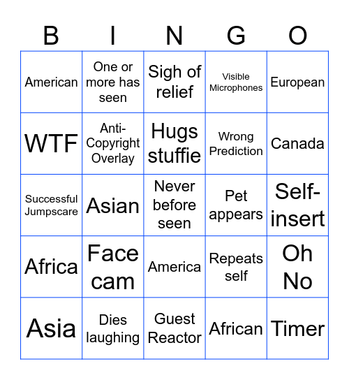 Reaction Bingo Card