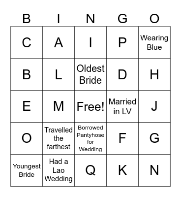 AJ’s Bridal Shower Bingo Card