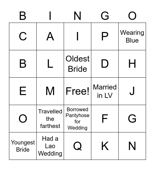 AJ’s Bridal Shower Bingo Card