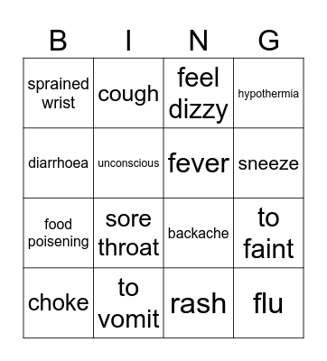 Injury vocabulary Bingo Card