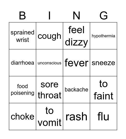 Injury vocabulary Bingo Card