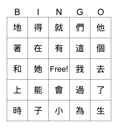 Chinese BINGO 2 Bingo Card