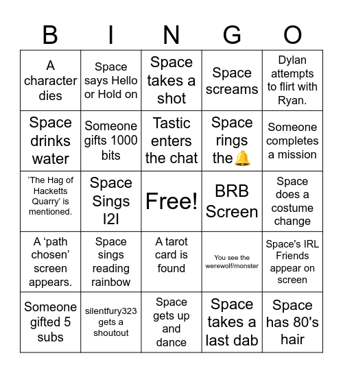 Spacey Bingo U Dingo Bingo Card