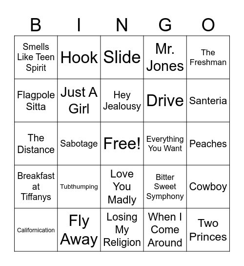Music Bingo 90's/00's Rock Bingo Card