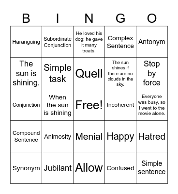 September Vocabulary and Grammar Review Bingo Card