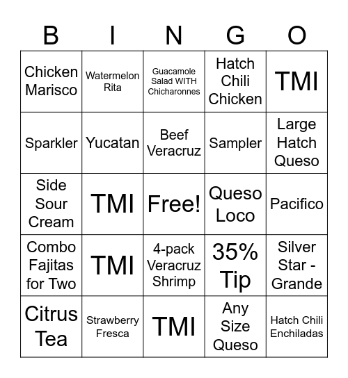 Gringo's Bingo Card