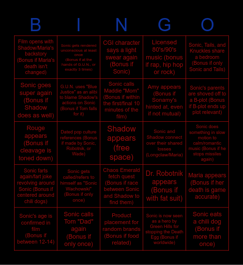 Sonic the Hedgehog 3 Bingo Card