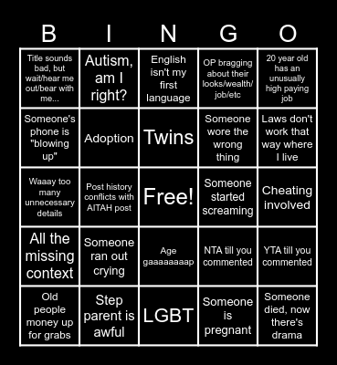 AITAH BINGO Card