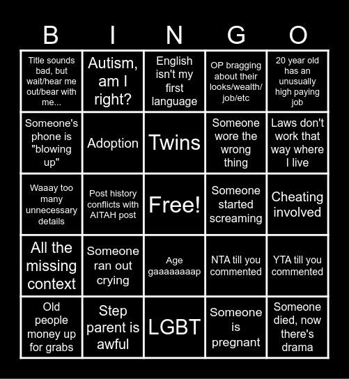 AITAH BINGO Card